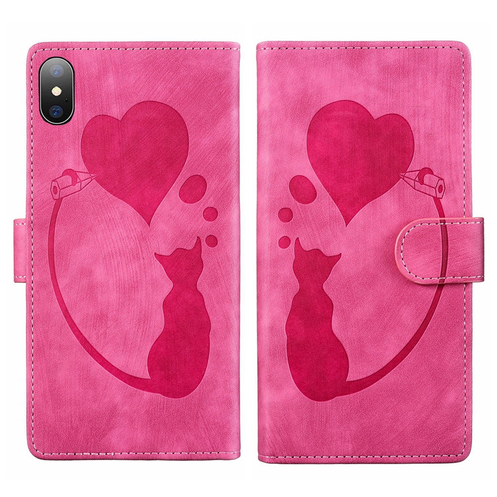 iPhone XS Pen Heart Cat Embossed Leather Phone Case with Wear-Resistant TPU+PU, Lightweight Wallet Stand Function, and Precise Cutouts for Ultimate Protection