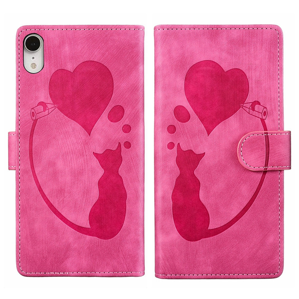 iPhone XR Pen Heart Cat Embossed Leather Phone Case with Wear-Resistant TPU+PU, Lightweight Wallet Stand Function, and Precise Cutouts for Ultimate Protection