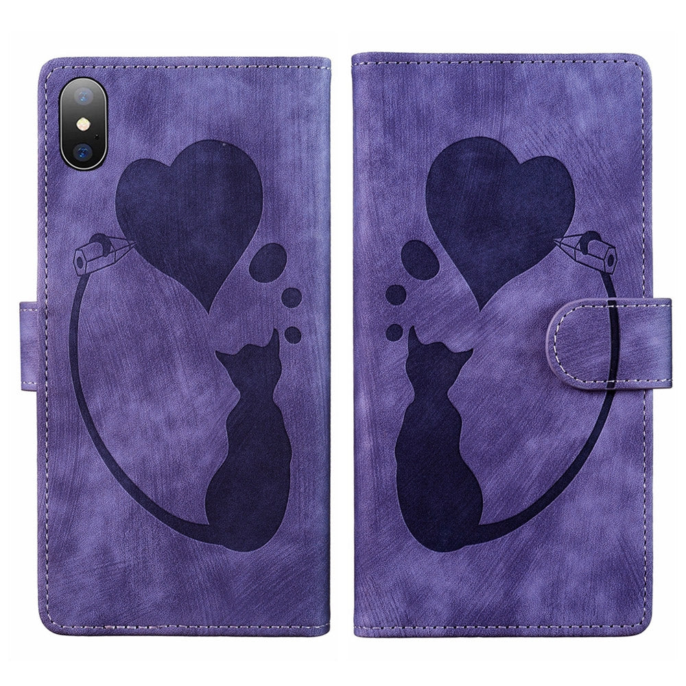 iPhone XS Max Pen Heart Cat Embossed Leather Phone Case with Wear-Resistant TPU+PU, Lightweight Wallet Stand Function, and Precise Cutouts for Ultimate Protection