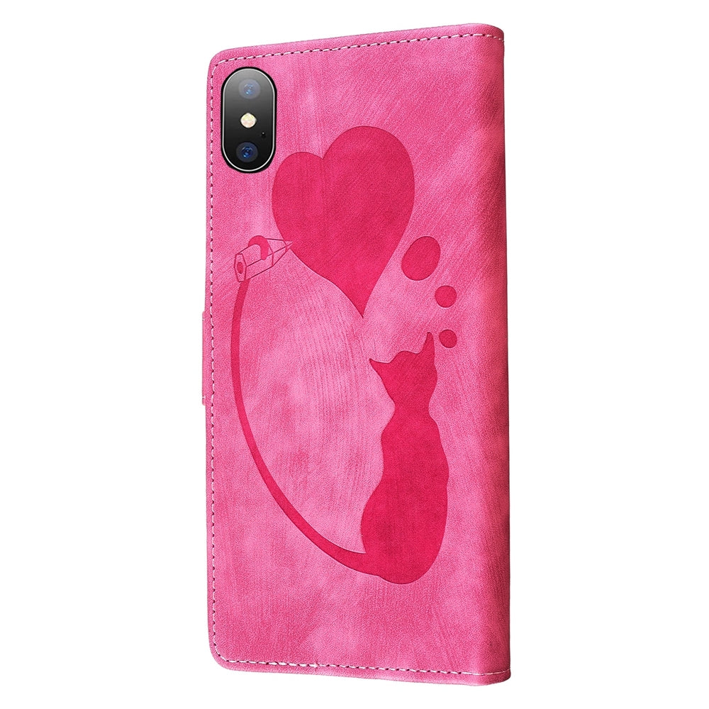 iPhone XS Max Pen Heart Cat Embossed Leather Phone Case with Wear-Resistant TPU+PU, Lightweight Wallet Stand Function, and Precise Cutouts for Ultimate Protection