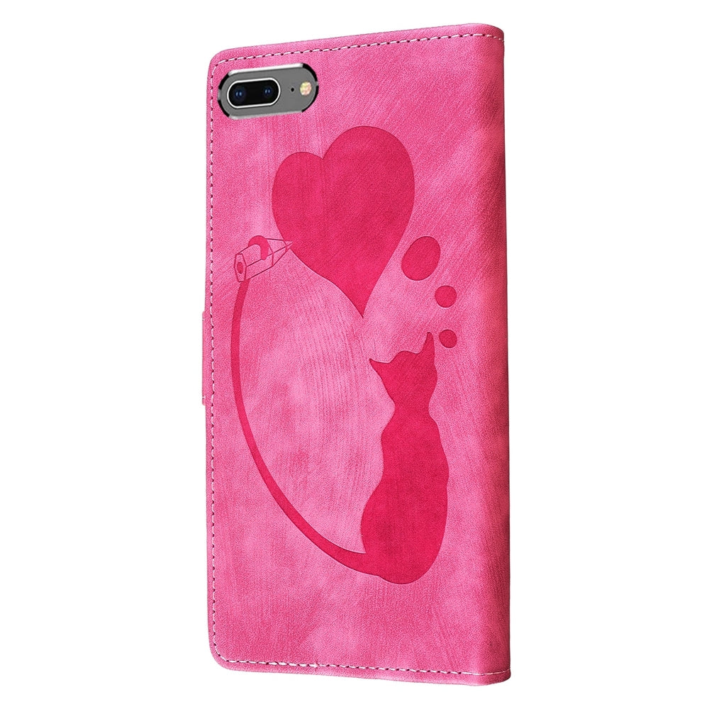 iPhone 7 Plus Pen Heart Cat Embossed Leather Phone Case with Wear-Resistant TPU+PU, Lightweight Wallet Stand Function, and Precise Cutouts for Ultimate Protection