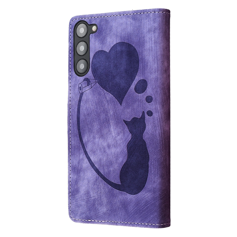 Samsung Galaxy S23 5G Pen Heart Cat Embossed Leather Phone Case with Wear-Resistant TPU+PU, Lightweight Wallet Stand Function, and Precise Cutouts for Ultimate Protection