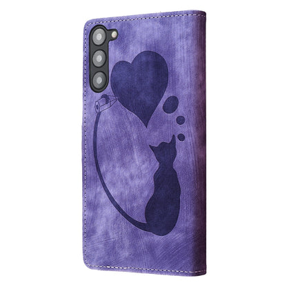 Samsung Galaxy S23 5G Pen Heart Cat Embossed Leather Phone Case with Wear-Resistant TPU+PU, Lightweight Wallet Stand Function, and Precise Cutouts for Ultimate Protection
