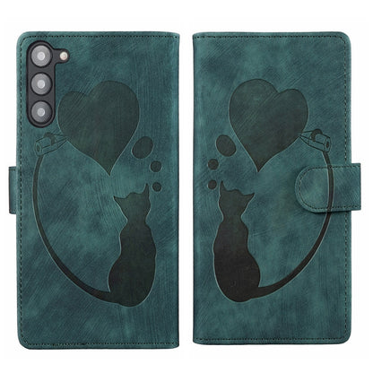 Samsung Galaxy S23 5G Pen Heart Cat Embossed Leather Phone Case with Wear-Resistant TPU+PU, Lightweight Wallet Stand Function, and Precise Cutouts for Ultimate Protection