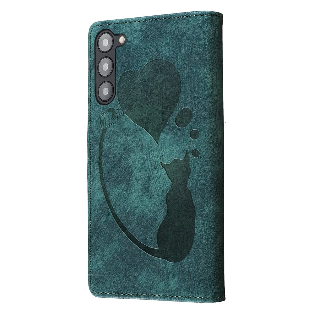 Samsung Galaxy S23 5G Pen Heart Cat Embossed Leather Phone Case with Wear-Resistant TPU+PU, Lightweight Wallet Stand Function, and Precise Cutouts for Ultimate Protection