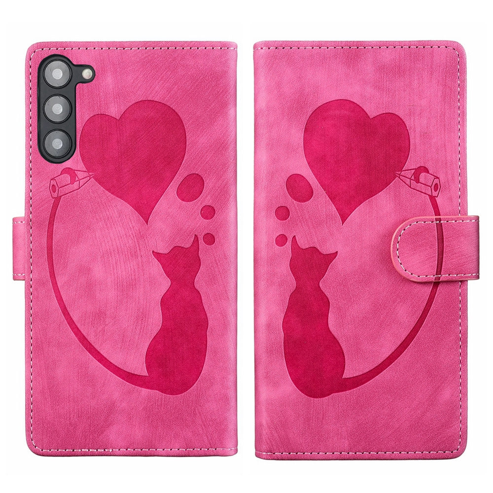 Samsung Galaxy S23 5G Pen Heart Cat Embossed Leather Phone Case with Wear-Resistant TPU+PU, Lightweight Wallet Stand Function, and Precise Cutouts for Ultimate Protection