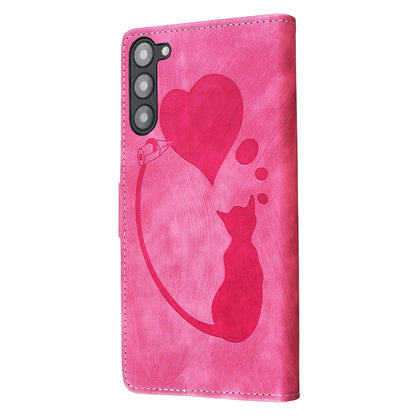 Samsung Galaxy S23 5G Pen Heart Cat Embossed Leather Phone Case with Wear-Resistant TPU+PU, Lightweight Wallet Stand Function, and Precise Cutouts for Ultimate Protection