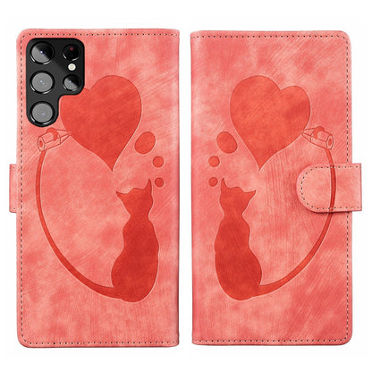 Samsung Galaxy S22 Ultra 5G Pen Heart Cat Embossed Leather Phone Case with Wear-Resistant TPU+PU, Lightweight Wallet Stand Function, and Precise Cutouts for Ultimate Protection