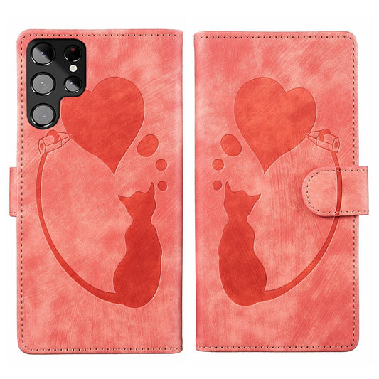 Samsung Galaxy S22 Ultra 5G Pen Heart Cat Embossed Leather Phone Case with Wear-Resistant TPU+PU, Lightweight Wallet Stand Function, and Precise Cutouts for Ultimate Protection