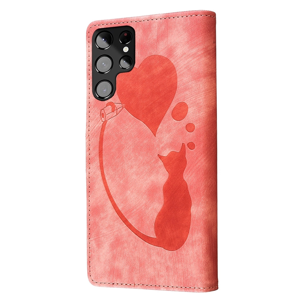 Samsung Galaxy S22 Ultra 5G Pen Heart Cat Embossed Leather Phone Case with Wear-Resistant TPU+PU, Lightweight Wallet Stand Function, and Precise Cutouts for Ultimate Protection