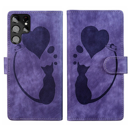 Samsung Galaxy S22 Ultra 5G Pen Heart Cat Embossed Leather Phone Case with Wear-Resistant TPU+PU, Lightweight Wallet Stand Function, and Precise Cutouts for Ultimate Protection