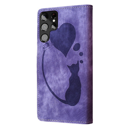 Samsung Galaxy S22 Ultra 5G Pen Heart Cat Embossed Leather Phone Case with Wear-Resistant TPU+PU, Lightweight Wallet Stand Function, and Precise Cutouts for Ultimate Protection