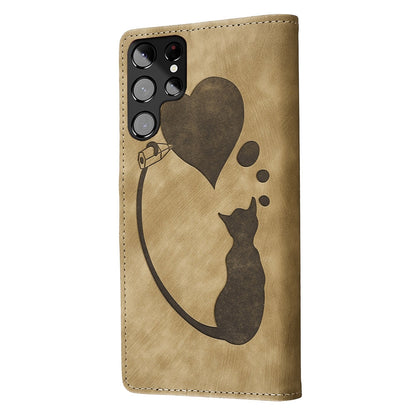 Samsung Galaxy S22 Ultra 5G Pen Heart Cat Embossed Leather Phone Case with Wear-Resistant TPU+PU, Lightweight Wallet Stand Function, and Precise Cutouts for Ultimate Protection
