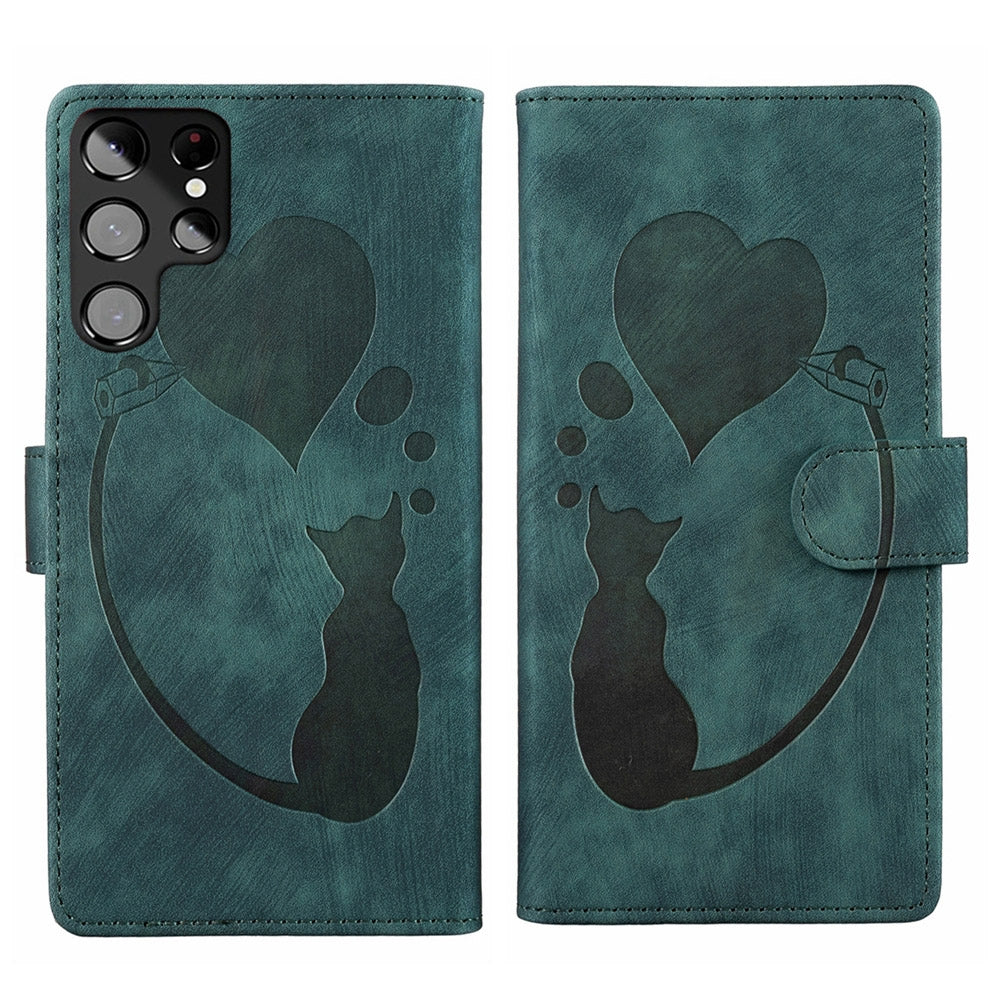 Samsung Galaxy S22 Ultra 5G Pen Heart Cat Embossed Leather Phone Case with Wear-Resistant TPU+PU, Lightweight Wallet Stand Function, and Precise Cutouts for Ultimate Protection