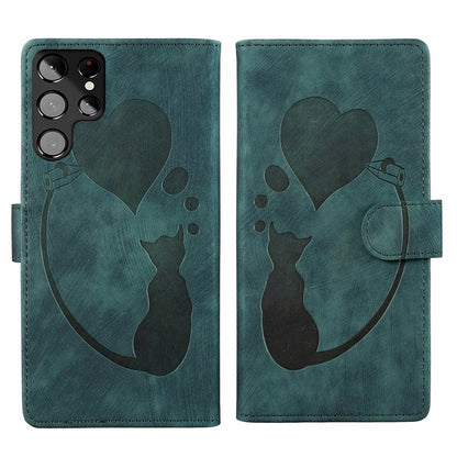 Samsung Galaxy S22 Ultra 5G Pen Heart Cat Embossed Leather Phone Case with Wear-Resistant TPU+PU, Lightweight Wallet Stand Function, and Precise Cutouts for Ultimate Protection
