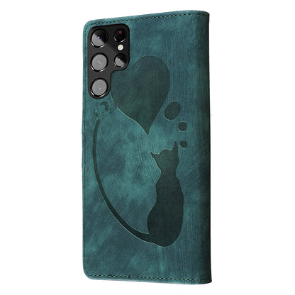 Samsung Galaxy S22 Ultra 5G Pen Heart Cat Embossed Leather Phone Case with Wear-Resistant TPU+PU, Lightweight Wallet Stand Function, and Precise Cutouts for Ultimate Protection