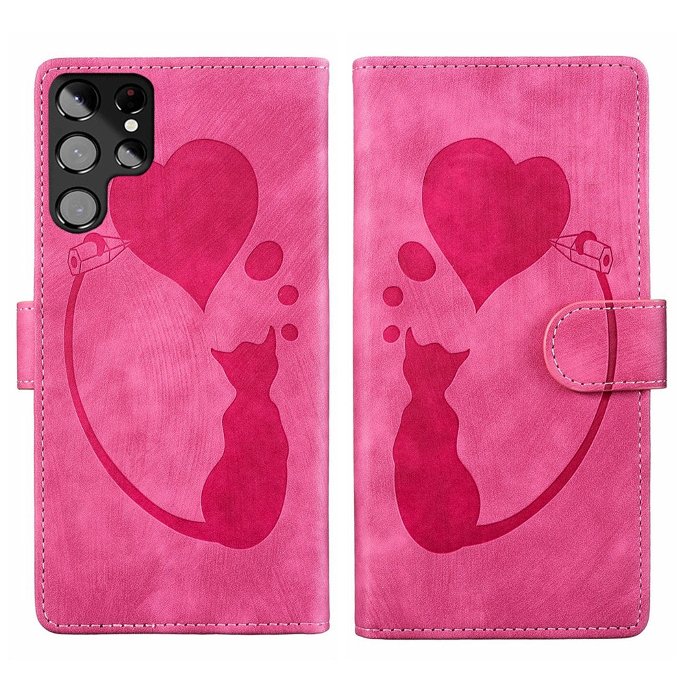 Samsung Galaxy S22 Ultra 5G Pen Heart Cat Embossed Leather Phone Case with Wear-Resistant TPU+PU, Lightweight Wallet Stand Function, and Precise Cutouts for Ultimate Protection