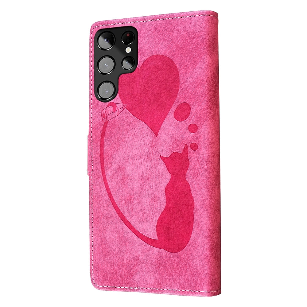 Samsung Galaxy S22 Ultra 5G Pen Heart Cat Embossed Leather Phone Case with Wear-Resistant TPU+PU, Lightweight Wallet Stand Function, and Precise Cutouts for Ultimate Protection