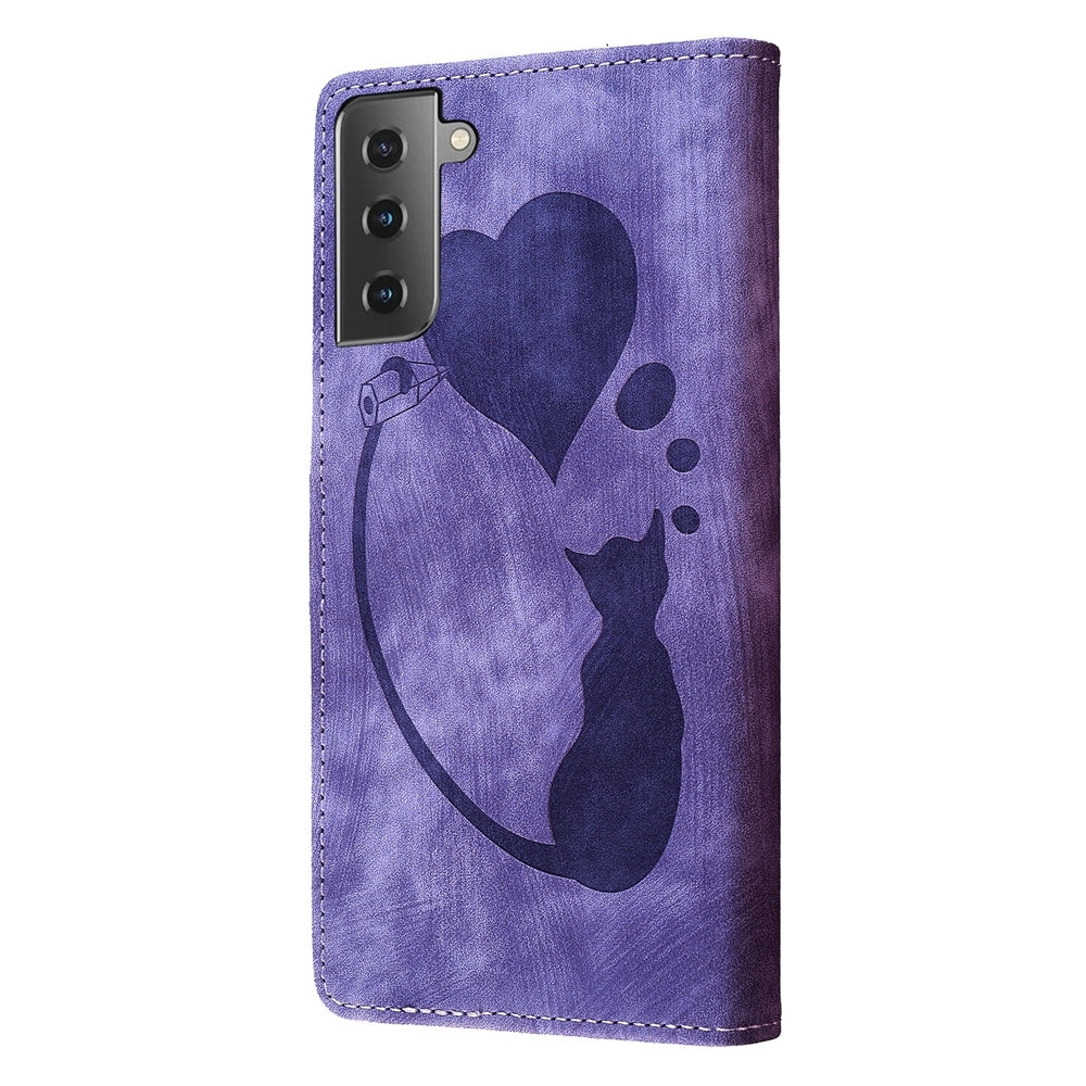 Samsung Galaxy S22+ 5G Pen Heart Cat Embossed Leather Phone Case with Wear-Resistant TPU+PU, Lightweight Wallet Stand Function, and Precise Cutouts for Ultimate Protection