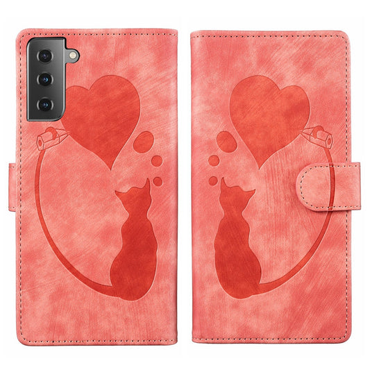Samsung Galaxy S22 5G Pen Heart Cat Embossed Leather Phone Case with Wear-Resistant TPU+PU, Lightweight Wallet Stand Function, and Precise Cutouts for Ultimate Protection