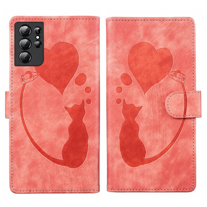 Samsung Galaxy S21 Ultra 5G Pen Heart Cat Embossed Leather Phone Case with Wear-Resistant TPU+PU, Lightweight Wallet Stand Function, and Precise Cutouts for Ultimate Protection