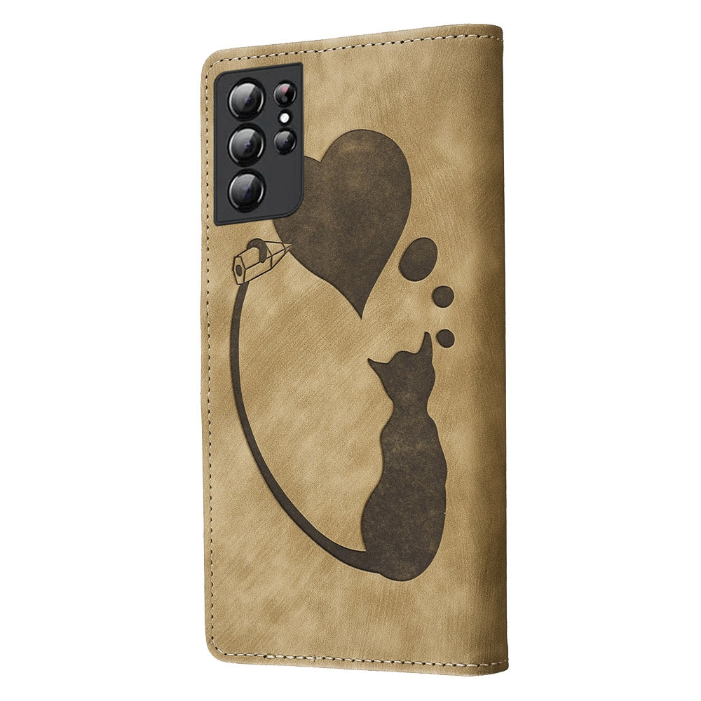 Samsung Galaxy S21 Ultra 5G Pen Heart Cat Embossed Leather Phone Case with Wear-Resistant TPU+PU, Lightweight Wallet Stand Function, and Precise Cutouts for Ultimate Protection
