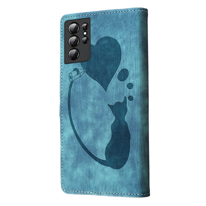 Samsung Galaxy S21 Ultra 5G Pen Heart Cat Embossed Leather Phone Case with Wear-Resistant TPU+PU, Lightweight Wallet Stand Function, and Precise Cutouts for Ultimate Protection