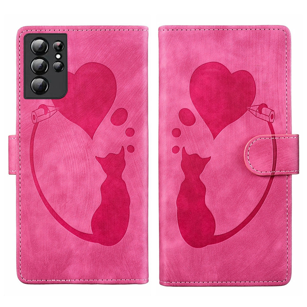 Samsung Galaxy S21 Ultra 5G Pen Heart Cat Embossed Leather Phone Case with Wear-Resistant TPU+PU, Lightweight Wallet Stand Function, and Precise Cutouts for Ultimate Protection