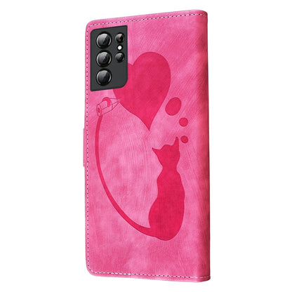 Samsung Galaxy S21 Ultra 5G Pen Heart Cat Embossed Leather Phone Case with Wear-Resistant TPU+PU, Lightweight Wallet Stand Function, and Precise Cutouts for Ultimate Protection