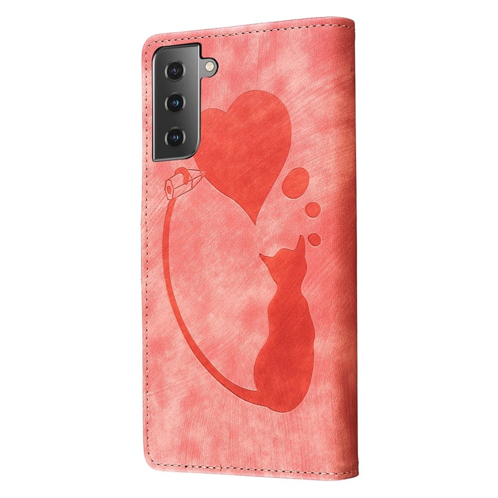 Samsung Galaxy S21+ 5G Pen Heart Cat Embossed Leather Phone Case with Wear-Resistant TPU+PU, Lightweight Wallet Stand Function, and Precise Cutouts for Ultimate Protection