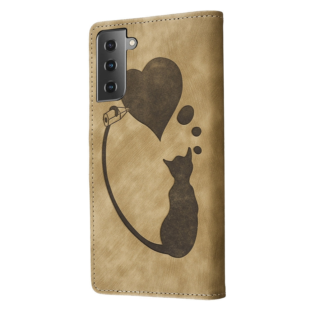 Samsung Galaxy S21+ 5G Pen Heart Cat Embossed Leather Phone Case with Wear-Resistant TPU+PU, Lightweight Wallet Stand Function, and Precise Cutouts for Ultimate Protection