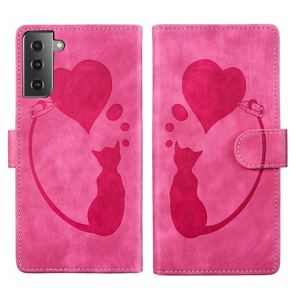 Samsung Galaxy S21+ 5G Pen Heart Cat Embossed Leather Phone Case with Wear-Resistant TPU+PU, Lightweight Wallet Stand Function, and Precise Cutouts for Ultimate Protection