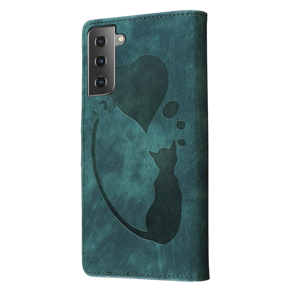 Samsung Galaxy S21 5G Pen Heart Cat Embossed Leather Phone Case with Wear-Resistant TPU+PU, Lightweight Wallet Stand Function, and Precise Cutouts for Ultimate Protection