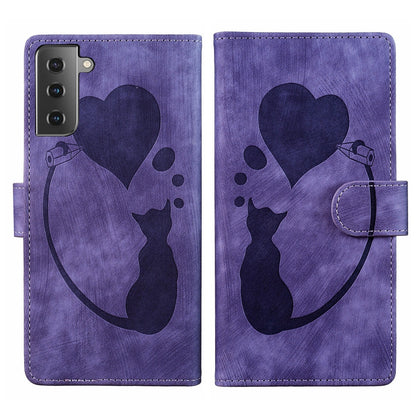 Samsung Galaxy S21 FE 5G Pen Heart Cat Embossed Leather Phone Case with Wear-Resistant TPU+PU, Lightweight Wallet Stand Function, and Precise Cutouts for Ultimate Protection