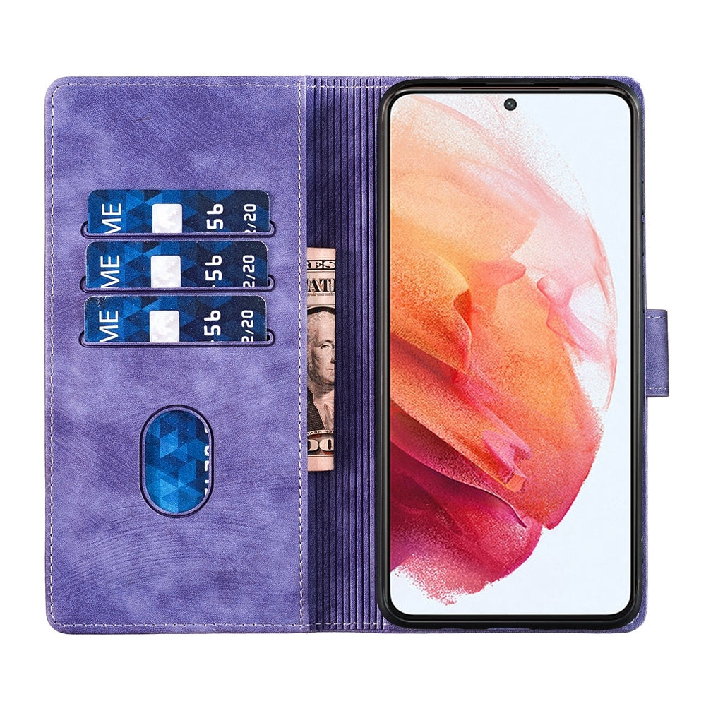 Samsung Galaxy S21 FE 5G Pen Heart Cat Embossed Leather Phone Case with Wear-Resistant TPU+PU, Lightweight Wallet Stand Function, and Precise Cutouts for Ultimate Protection