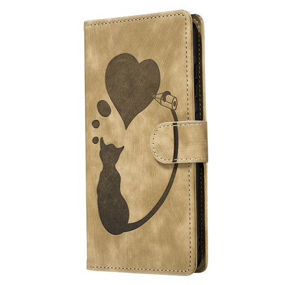 Samsung Galaxy S21 FE 5G Pen Heart Cat Embossed Leather Phone Case with Wear-Resistant TPU+PU, Lightweight Wallet Stand Function, and Precise Cutouts for Ultimate Protection