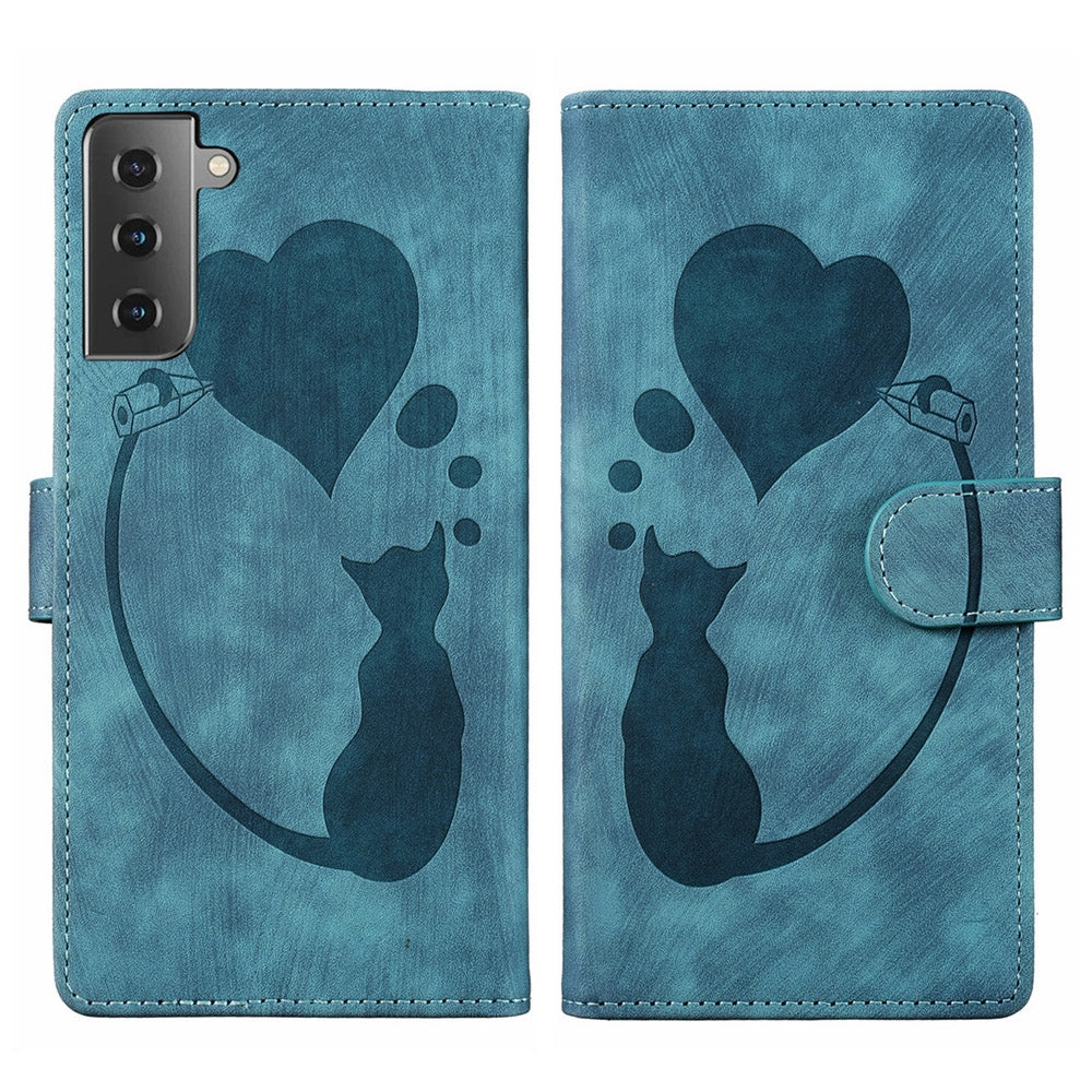 Samsung Galaxy S21 FE 5G Pen Heart Cat Embossed Leather Phone Case with Wear-Resistant TPU+PU, Lightweight Wallet Stand Function, and Precise Cutouts for Ultimate Protection