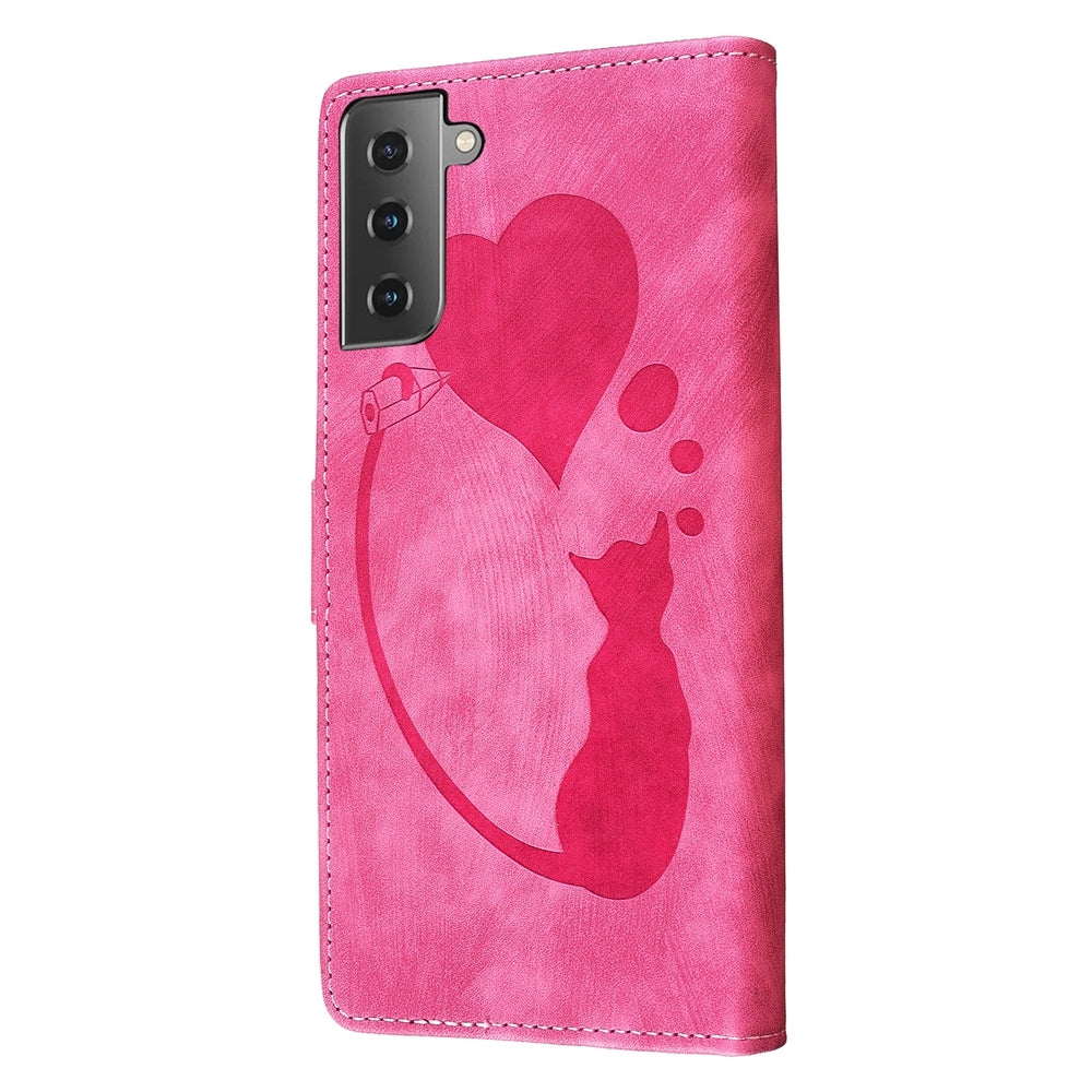 Samsung Galaxy S21 FE 5G Pen Heart Cat Embossed Leather Phone Case with Wear-Resistant TPU+PU, Lightweight Wallet Stand Function, and Precise Cutouts for Ultimate Protection