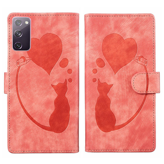 Samsung Galaxy S20 FE 5G Pen Heart Cat Embossed Leather Phone Case with Wear-Resistant TPU+PU, Lightweight Wallet Stand Function, and Precise Cutouts for Ultimate Protection