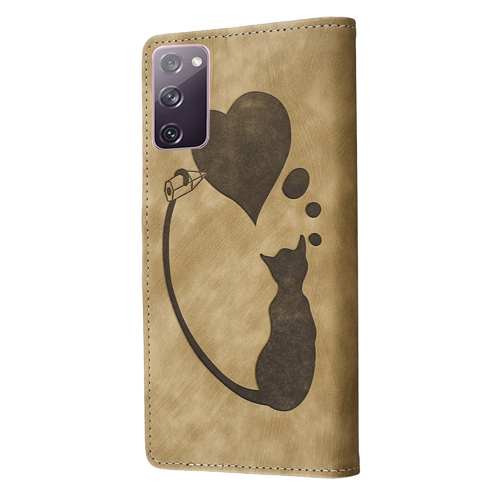 Samsung Galaxy S20 FE 5G Pen Heart Cat Embossed Leather Phone Case with Wear-Resistant TPU+PU, Lightweight Wallet Stand Function, and Precise Cutouts for Ultimate Protection