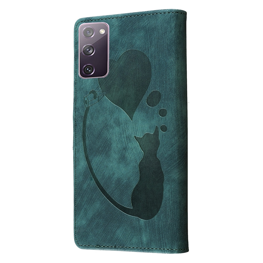 Samsung Galaxy S20 FE 5G Pen Heart Cat Embossed Leather Phone Case with Wear-Resistant TPU+PU, Lightweight Wallet Stand Function, and Precise Cutouts for Ultimate Protection