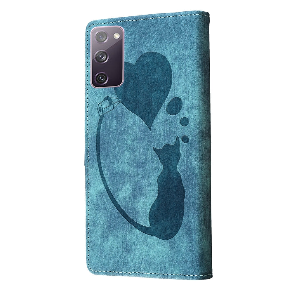 Samsung Galaxy S20 FE 5G Pen Heart Cat Embossed Leather Phone Case with Wear-Resistant TPU+PU, Lightweight Wallet Stand Function, and Precise Cutouts for Ultimate Protection