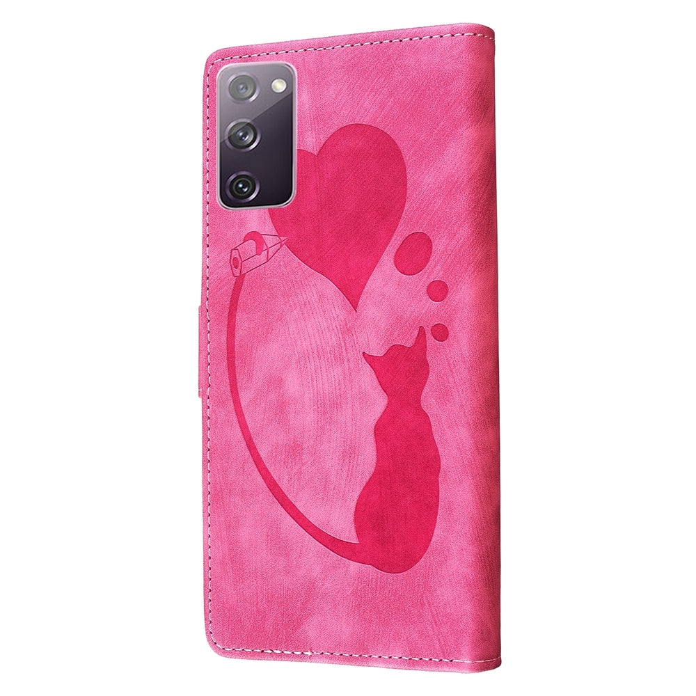 Samsung Galaxy S20 FE 5G Pen Heart Cat Embossed Leather Phone Case with Wear-Resistant TPU+PU, Lightweight Wallet Stand Function, and Precise Cutouts for Ultimate Protection