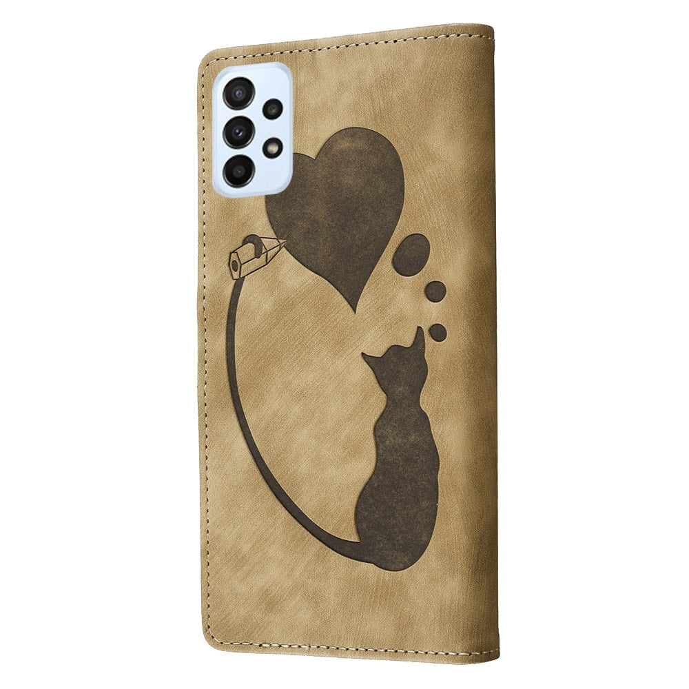 Samsung Galaxy A33 5G Pen Heart Cat Embossed Leather Phone Case with Wear-Resistant TPU+PU, Lightweight Wallet Stand Function, and Precise Cutouts for Ultimate Protection