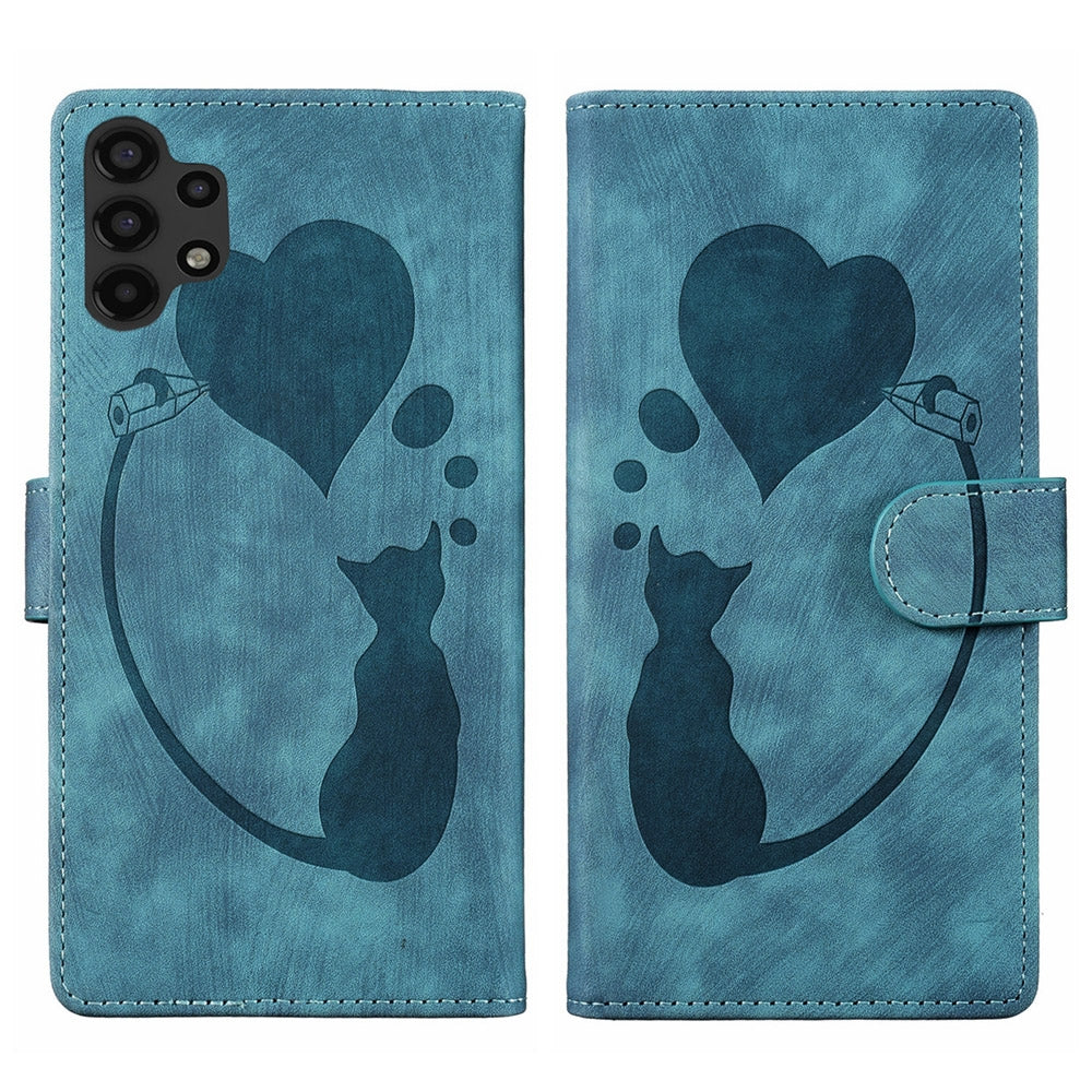 Samsung Galaxy A32 5G Pen Heart Cat Embossed Leather Phone Case with Wear-Resistant TPU+PU, Lightweight Wallet Stand Function, and Precise Cutouts for Ultimate Protection