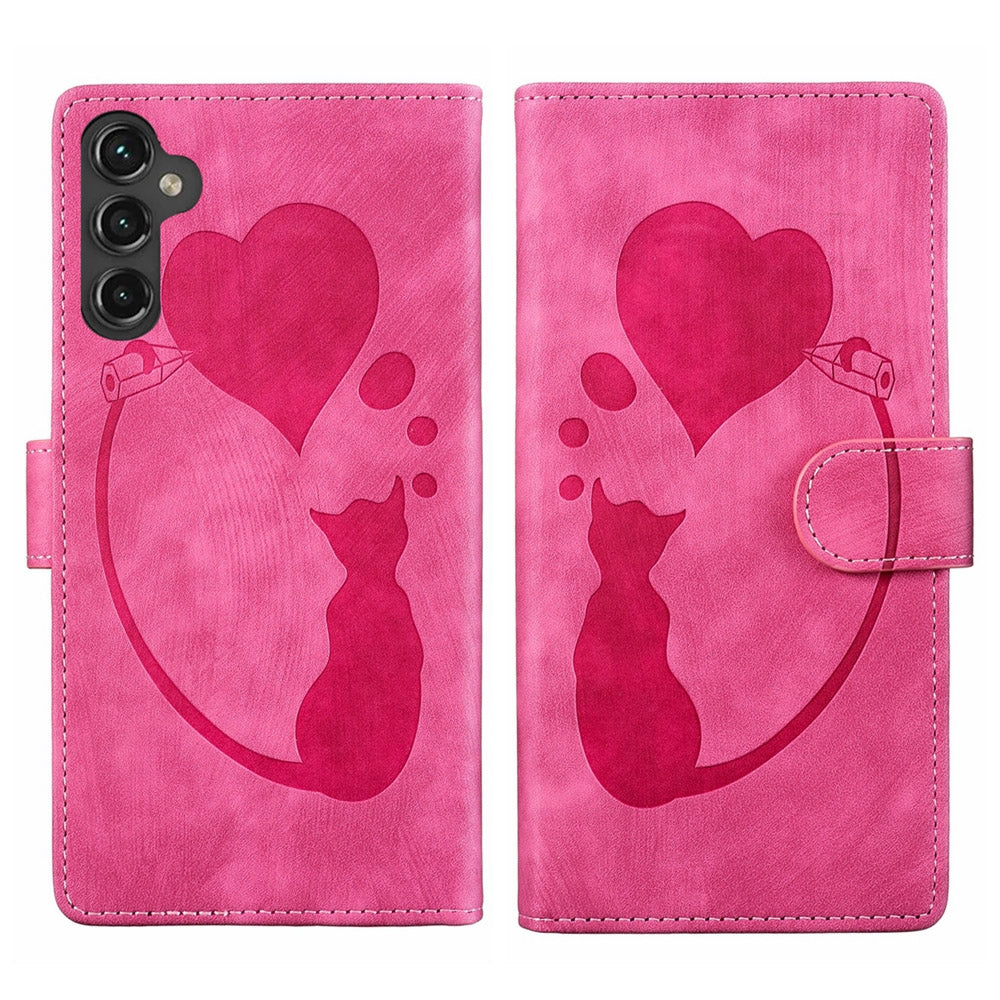 Samsung Galaxy A25 5G Pen Heart Cat Embossed Leather Phone Case with Wear-Resistant TPU+PU, Lightweight Wallet Stand Function, and Precise Cutouts for Ultimate Protection