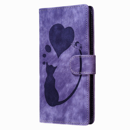 Samsung Galaxy A24 4G Pen Heart Cat Embossed Leather Phone Case with Wear-Resistant TPU+PU, Lightweight Wallet Stand Function, and Precise Cutouts for Ultimate Protection