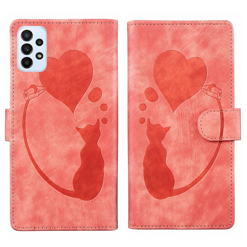 Samsung Galaxy A23 5G Pen Heart Cat Embossed Leather Phone Case with Wear-Resistant TPU+PU, Lightweight Wallet Stand Function, and Precise Cutouts for Ultimate Protection