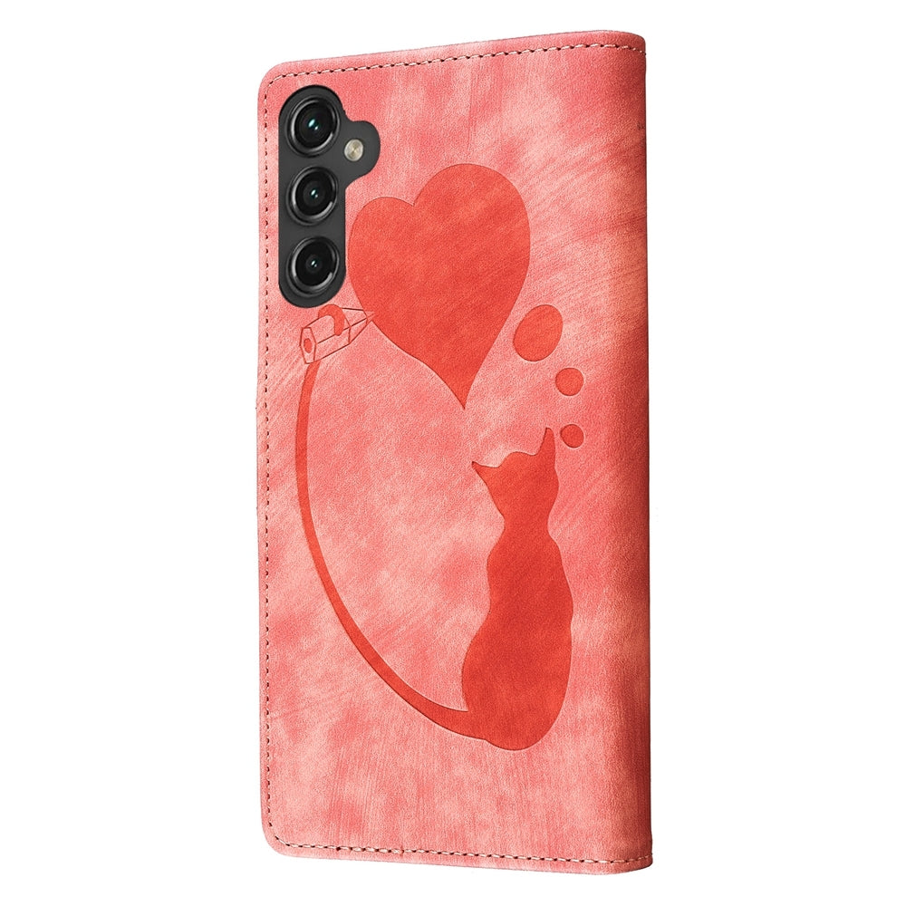Samsung Galaxy A15 5G Pen Heart Cat Embossed Leather Phone Case with Wear-Resistant TPU+PU, Lightweight Wallet Stand Function, and Precise Cutouts for Ultimate Protection