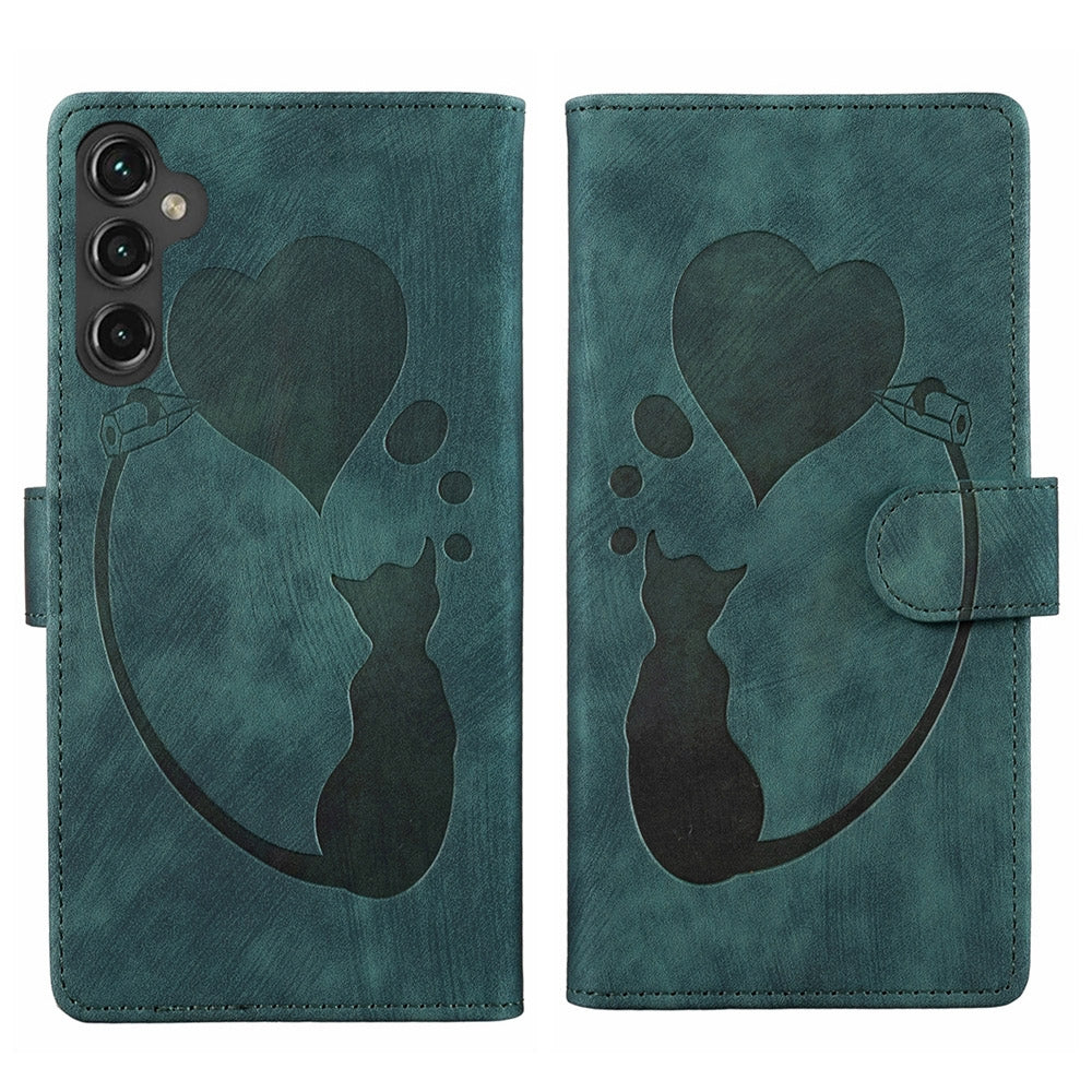 Samsung Galaxy A15 5G Pen Heart Cat Embossed Leather Phone Case with Wear-Resistant TPU+PU, Lightweight Wallet Stand Function, and Precise Cutouts for Ultimate Protection